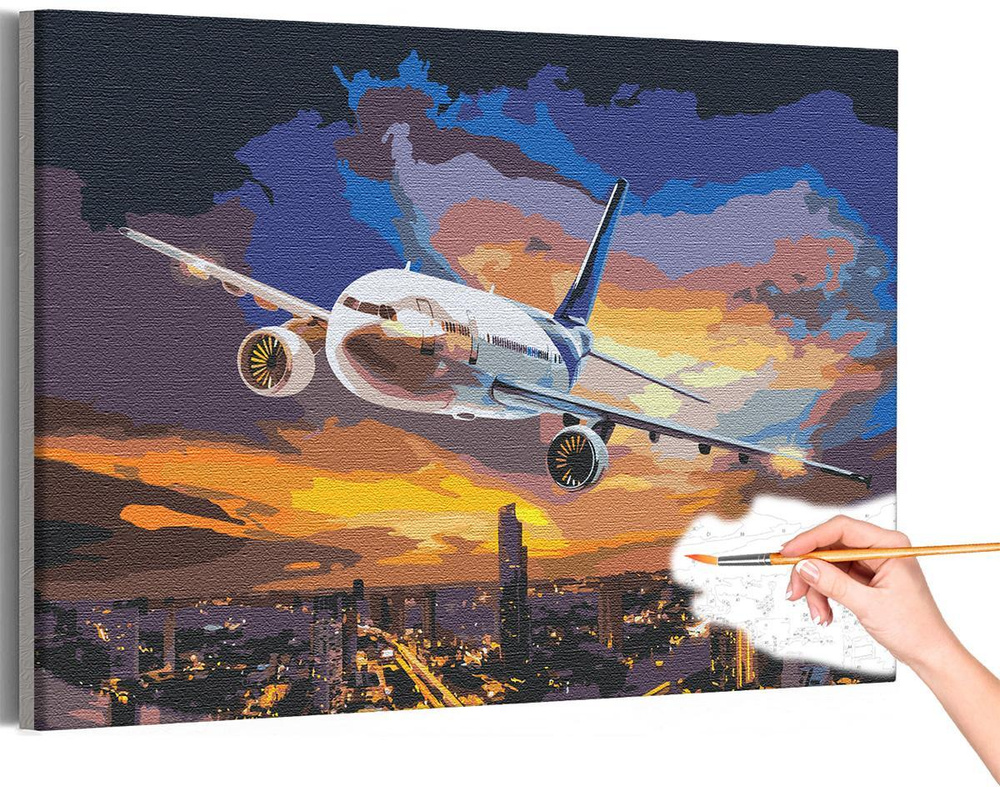 Самолет / Полет в ночном небе над городом Раскраска картина по номерам на холсте с неоновой краской 40х60 #1