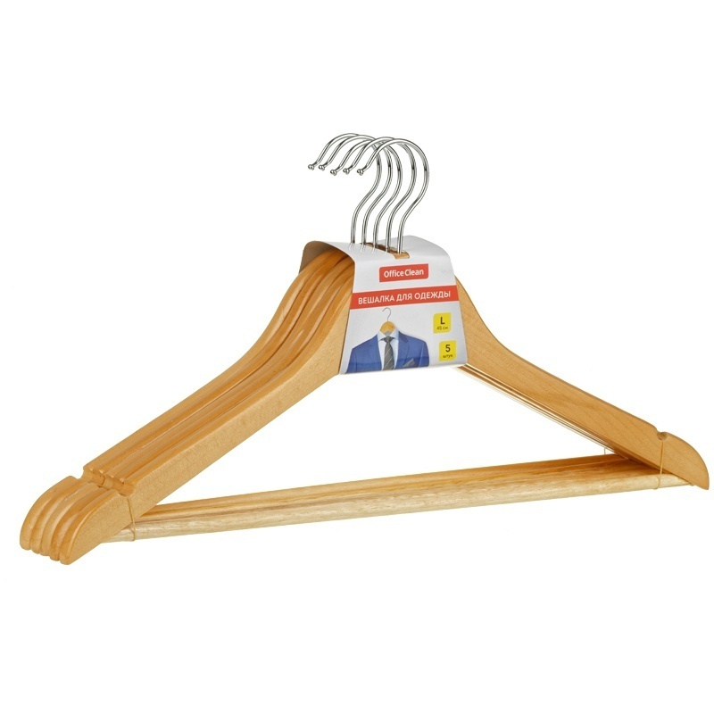 Вешалка-плечики OfficeClean 5 шт, деревянные, с перекладиной, 45 см, цвет натуральный (280585)  #1