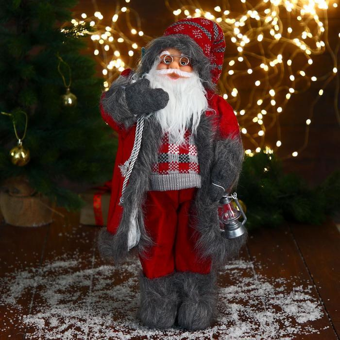 Дед Мороз "В красном клетчатом свитере, с фонариком" 23х45 см  #1
