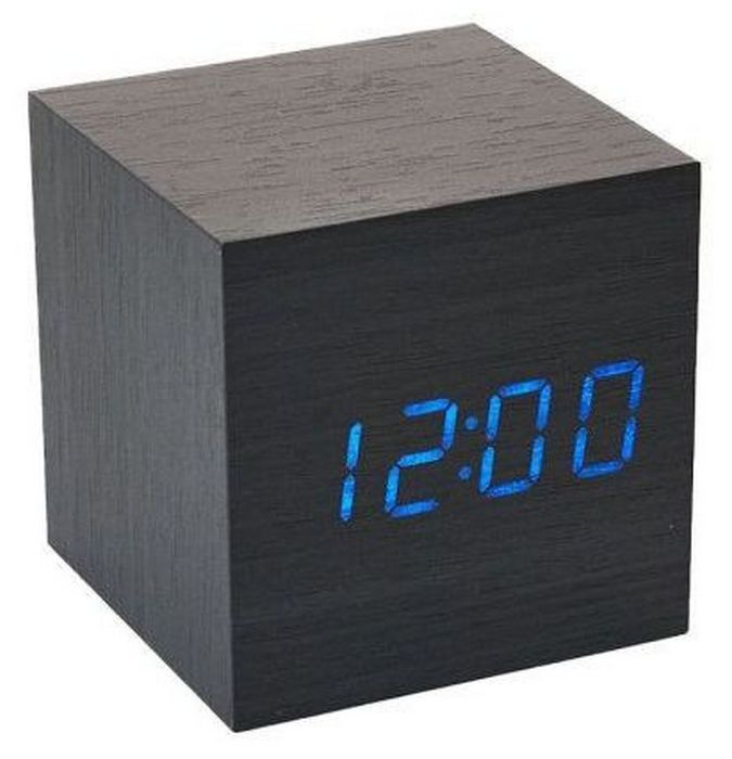 Настольные электронные часы Деревянный куб. Будильник, температура, работа от батареек и сети. Черные #1