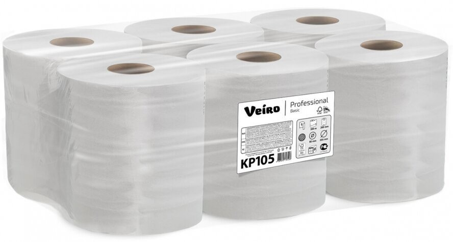 Бумажные полотенца в рулонах с центральной вытяжкой Veiro Professional Basic KP105, 6 рулонов по 300 #1