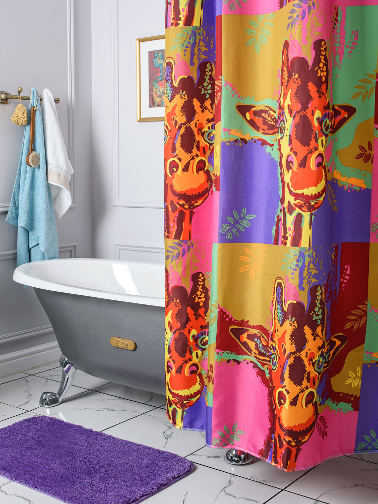 Занавеска (штора) Pоp-аrt для ванной комнаты тканевая 180х200 (шхв)см., жирафы  #1