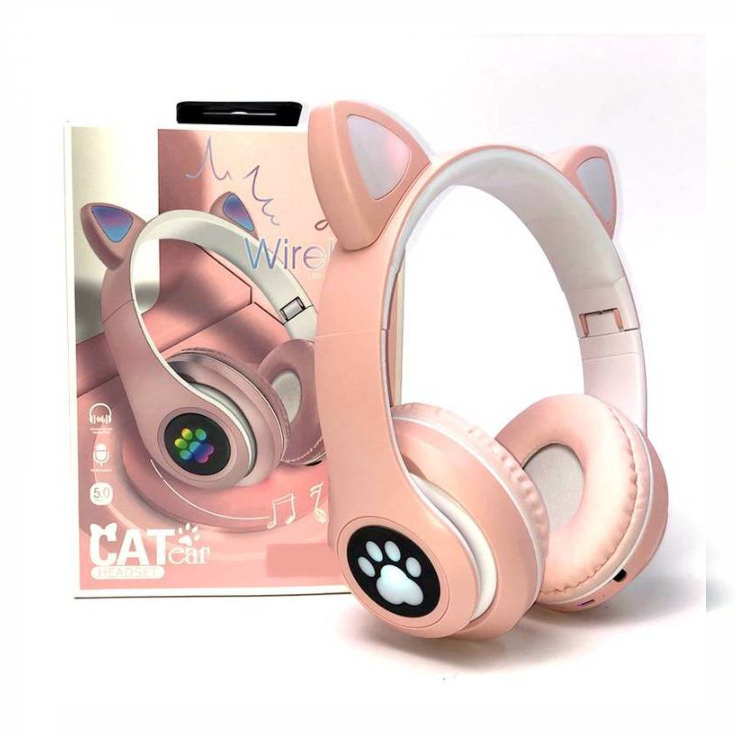 Беспроводные светящиеся наушники с кошачьими ушками, розовые/ Bluetooth наушники / Наушники с радужными #1