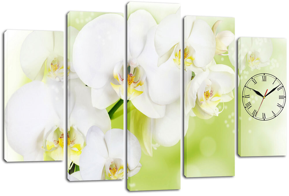 Модульная картина с часами / Часы на холсте Белые Орхидеи 140х80 см.  #1