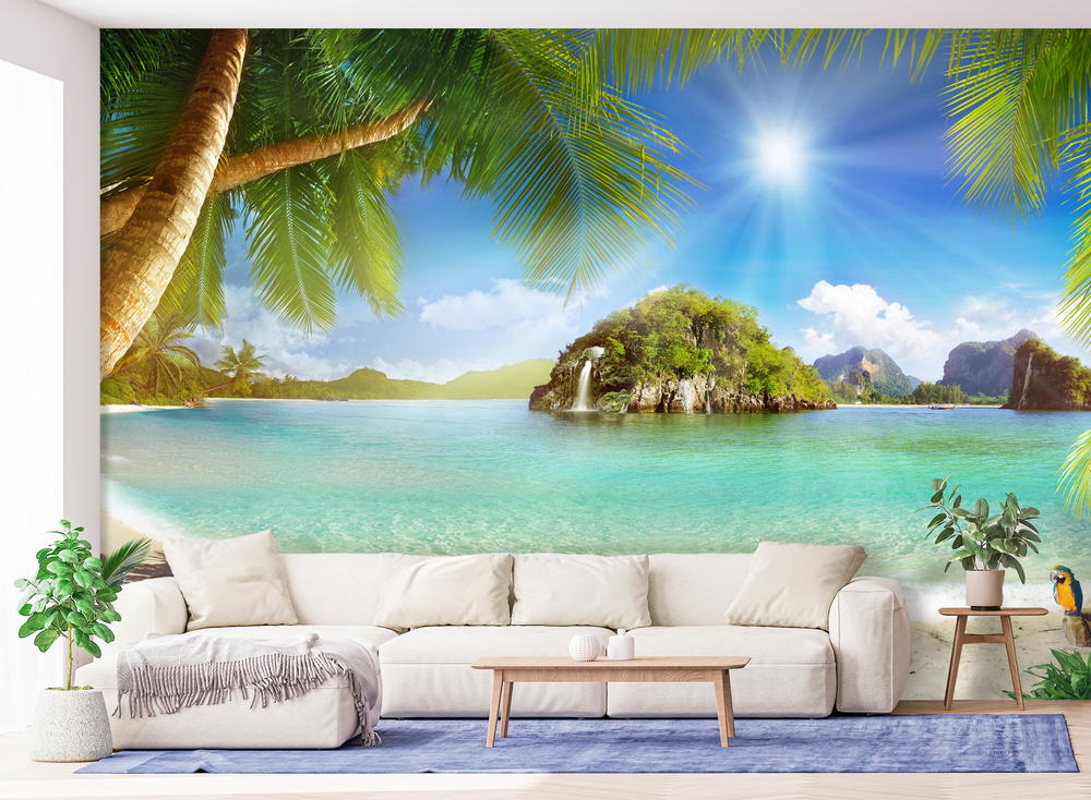 Фотообои на стену флизелиновые, Знойные тропики с видом на море, пальмы, остров и водопад 3д, 400*270 #1