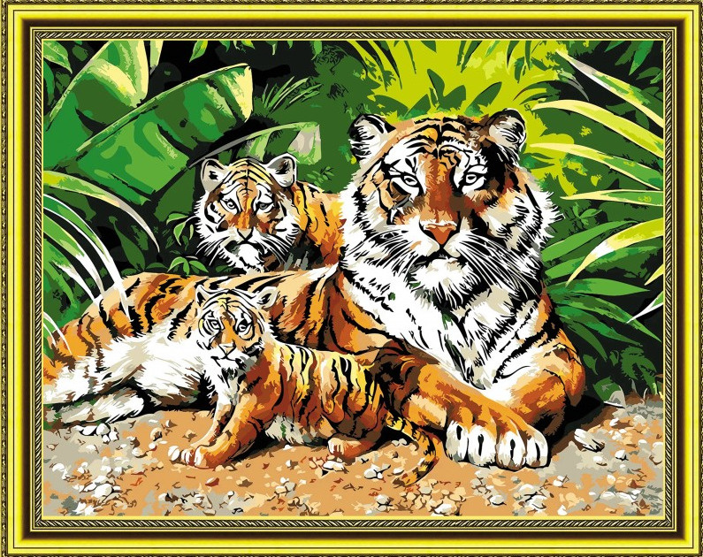 Алмазная мозаика на подрамнике 40x50 Полная выкладка. 40 х 50 : Тигриное семейство  #1