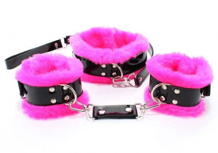 Черно-розовые меховые наручники и ошейник с поводком #1