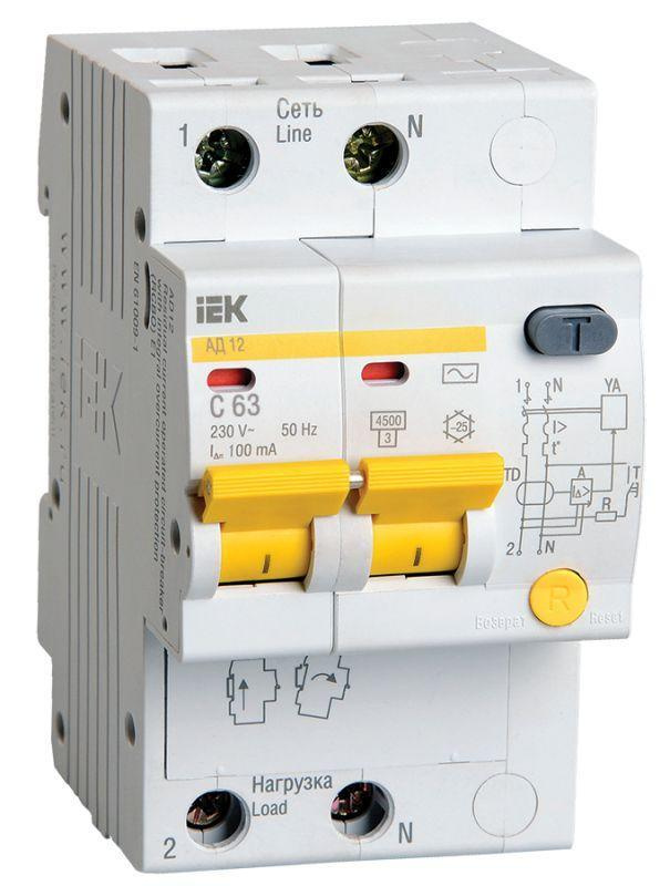 Выключатель автоматический дифференциального тока 2п C 63А 100мА тип AC 4.5кА АД-12 IEK MAD10-2-063-C-100 #1
