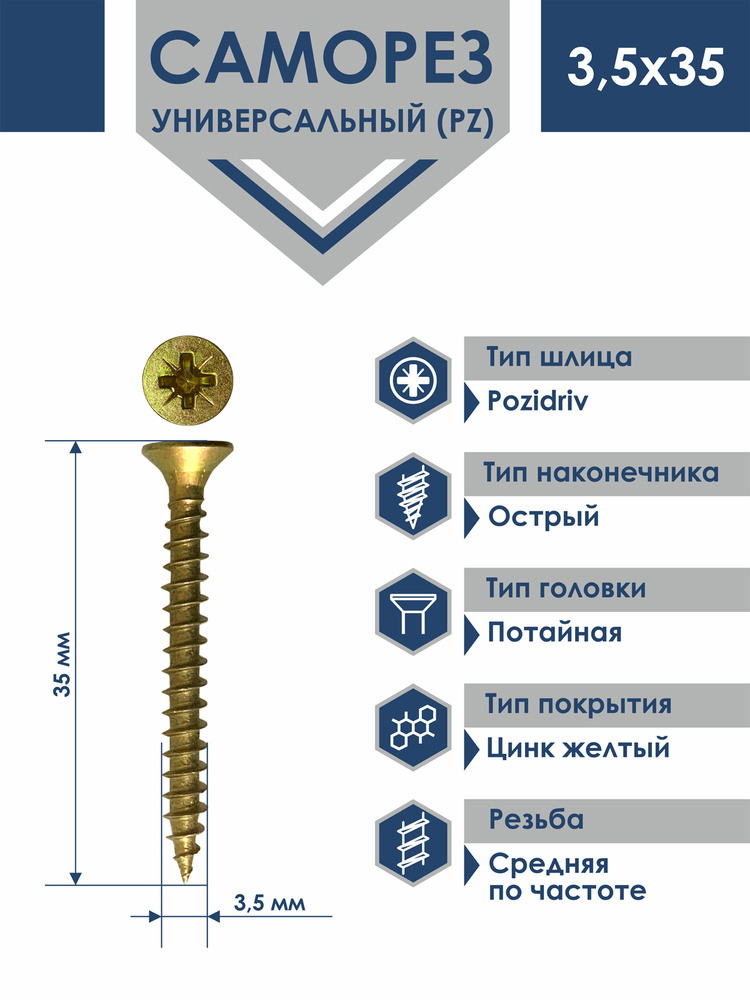 Саморез Pz 3,5х35 универсальный острый желтый цинк (600шт) #1