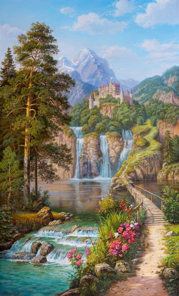 Картина по номерам на холсте 40х50 40 x 50 на подрамнике "Пейзаж с видом на водопад. Потапов" DVEKARTINKI #1