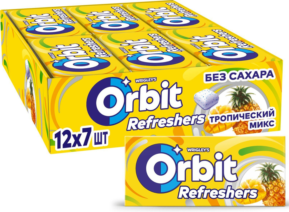 Жевательная резинка Orbit Refreshers, освежающие кубики тропический вкус, без сахара, блок 12 шт по 16 #1