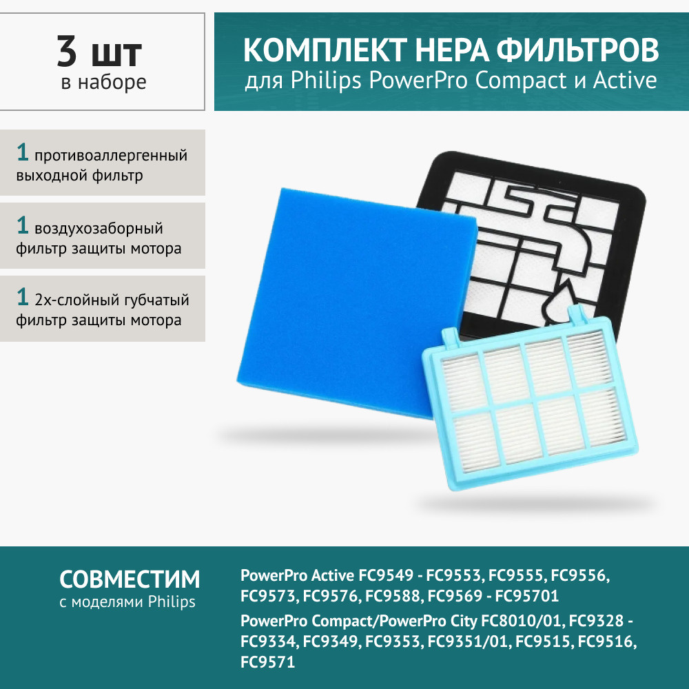 Набор HEPA фильтров для пылесоса Philips FC8010/01; FC9349-9353/01; FC9328/09 -9334/09; FC9331-9733/07; #1