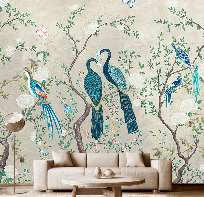 Фотообои на стену флизелиновые Модный Дом "Птицы на ветвях цветущих деревьев на сером фоне" 300x270 см #1