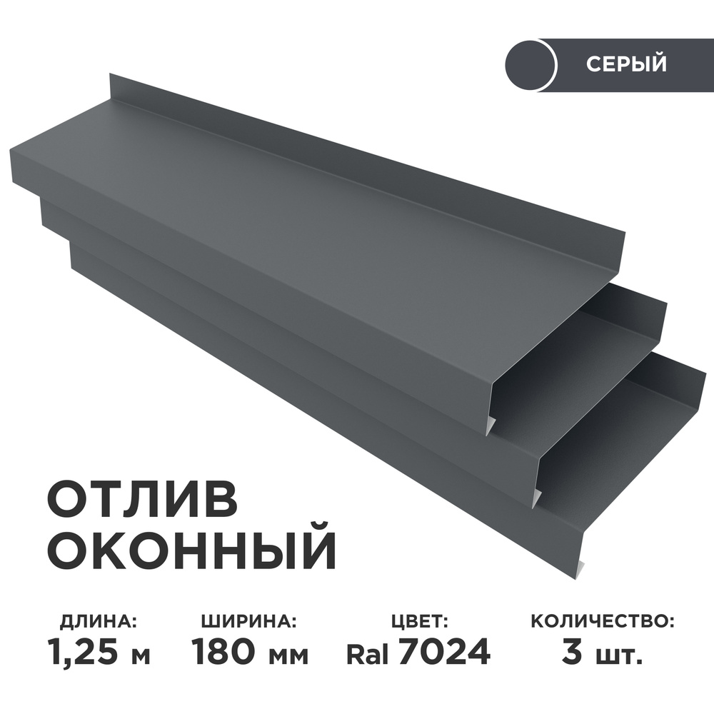 Отлив оконный ширина полки 180мм/ отлив для окна / цвет серый(RAL 7024) Длина 1,25м, 3 штуки в комплекте #1