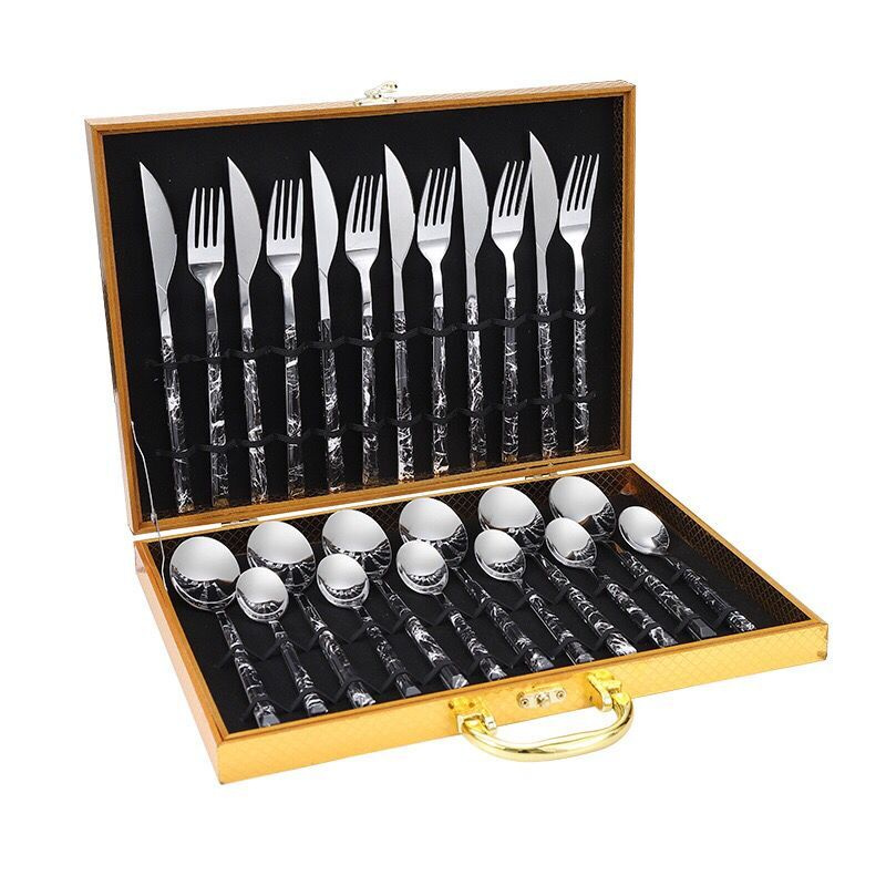 Набор столовых предметов с клип ручкой Cutlery Set 24 шт., черный мрамор, деревянный кейс  #1