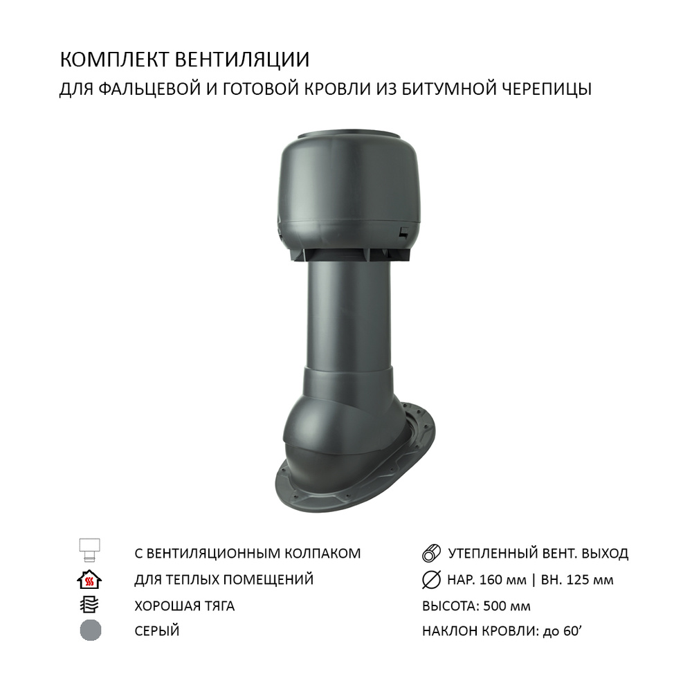 Комплект вентиляции: Колпак D160, вент. выход утепленный высотой Н-500, для скатной кровли, серый  #1