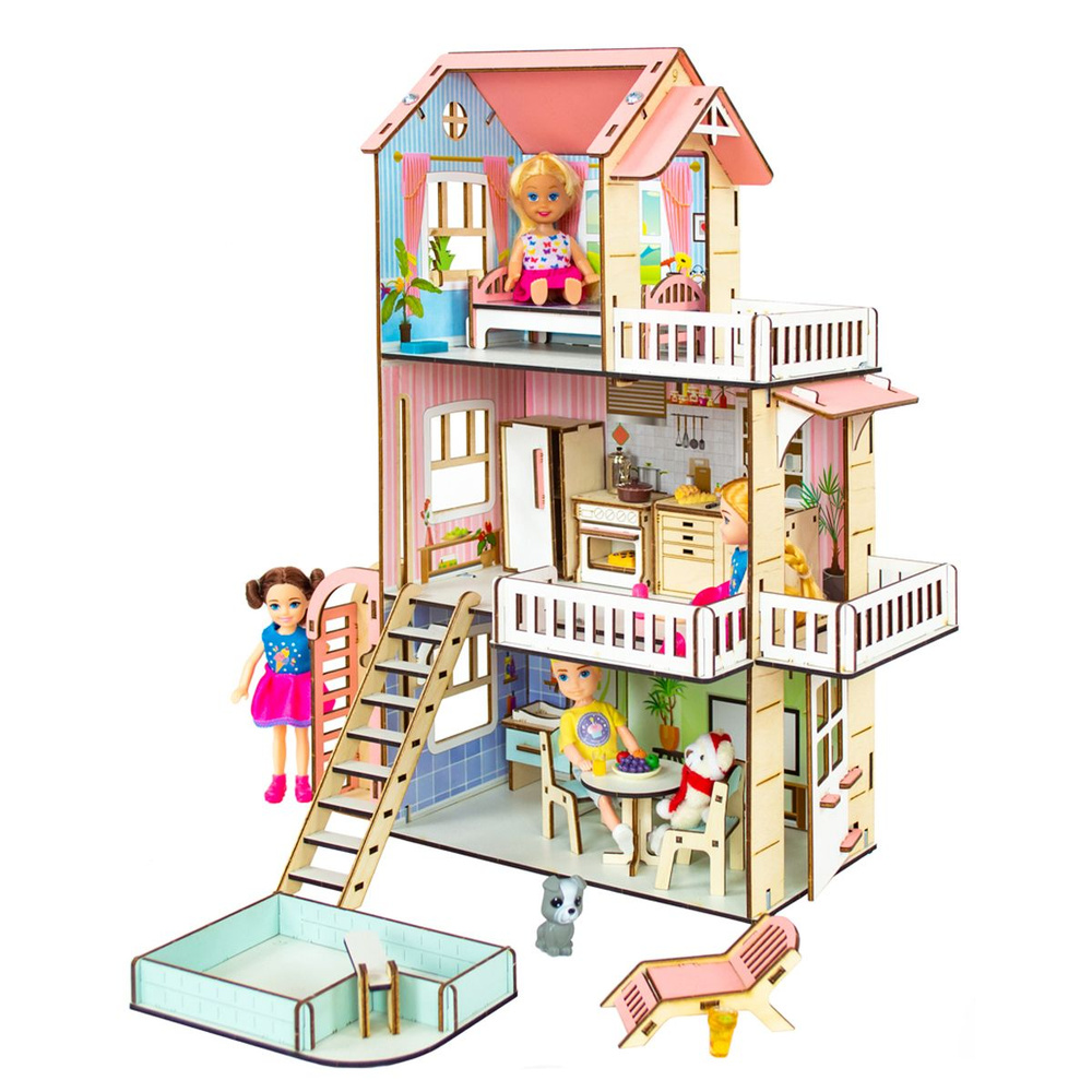 Деревянный кукольный домик с мебелью для девочек с лифтом  #1