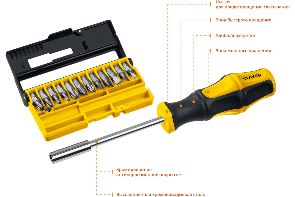 Отвертка-битодержатель двухкомпонентная рукоятка набор 13 предметов Cr-V сталь STAYER  #1