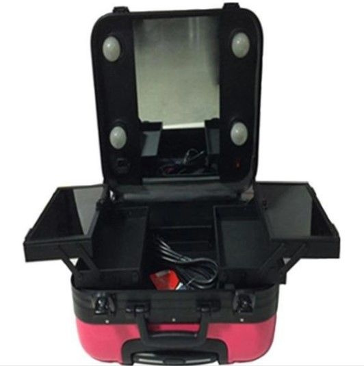 Кейс для визажиста EAGLE FORTREST (HL0023), пластиковый, внутри зеркало с подсветкой, розовый, на колёсиках, #1