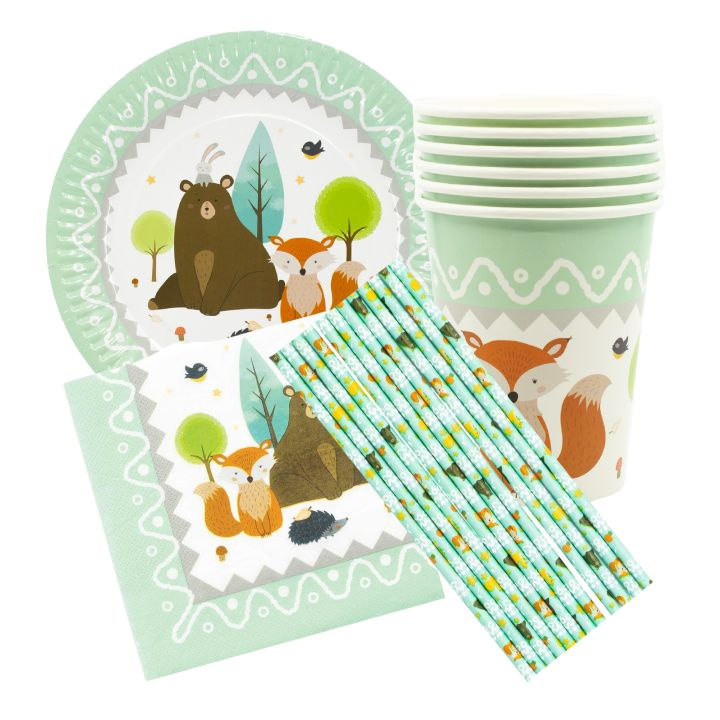 Тарелки, стаканы, салфетки, трубочки бумажные одноразовые для праздника и пикника Лесные друзья, зеленый, #1