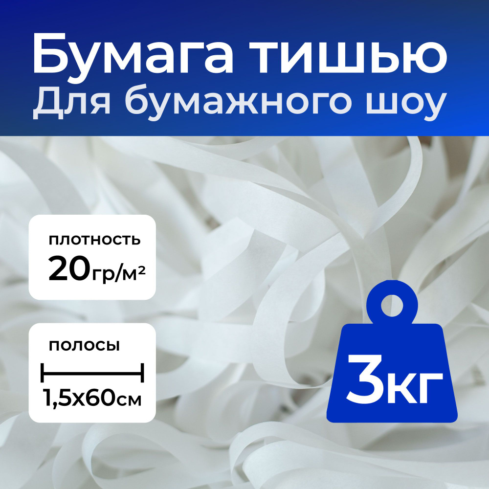 Бумага для бумажного шоу Тишью, белая для праздника, полосы 15х600мм, 20г/м2, 3кг  #1