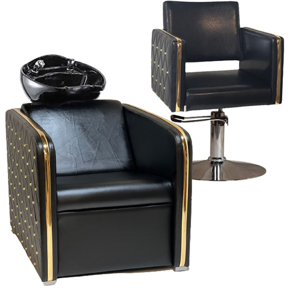 Парикмахерский комплект "Голдиум Black", Черный, 1 кресло гидравлика диск, 1 мойка глубокая черная раковина #1
