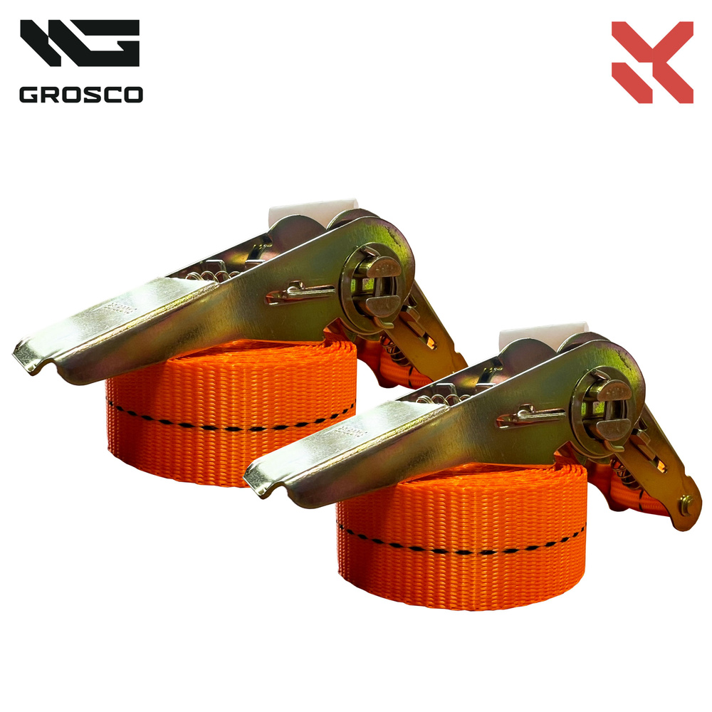 Комплект ремней 1т (2т) / 2м / 25мм (2 шт) стяжных кольцевых GROSCO для крепления груза с храповым механизмом #1