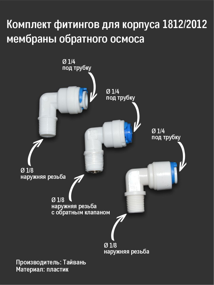 Комплект фитингов угловых 1/4-1/8 трубка-резьба для корпуса мембраны, 3 шт / с обратным клапаном и фиксаторами #1