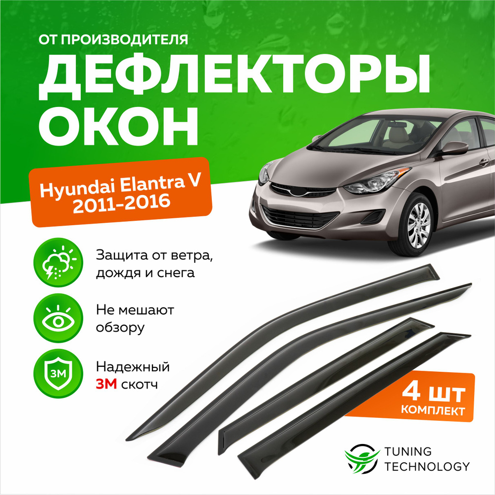 Дефлекторы боковых окон Hyundai Elantra 5 (Хендай Элантра), Avante, Lantra седан 2011-2016, ветровики #1