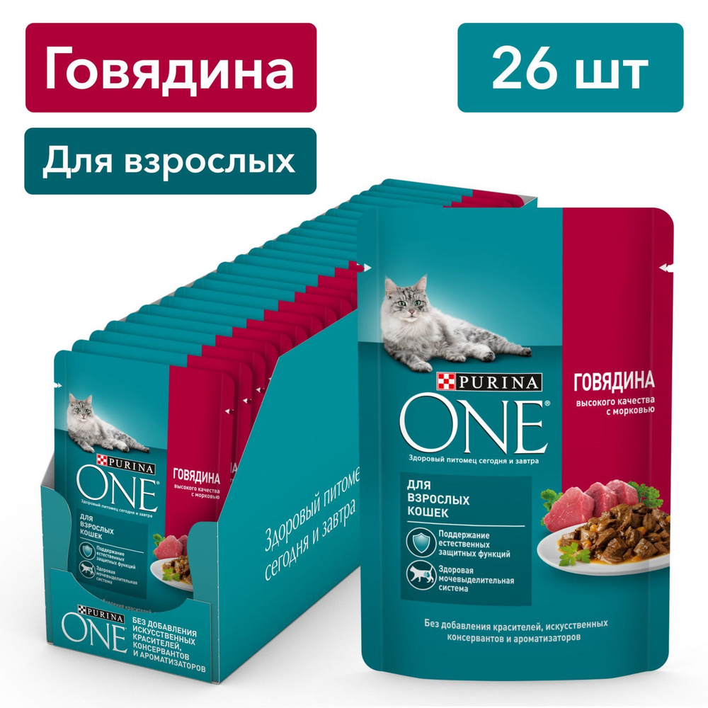 Влажный корм Purina ONE для взрослых кошек, в соусе с говядиной и морковью, 75 г х 26 шт.  #1