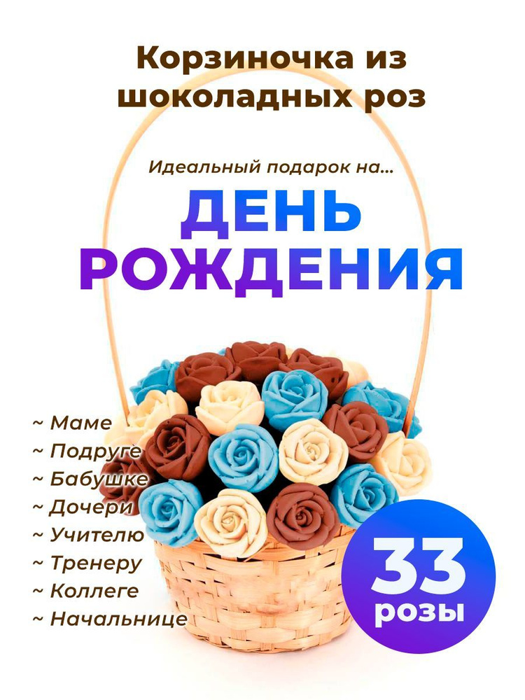 33 сладкие съедобные розы CHOCO STORY в корзинке - Белый, Голубой и Шоколадный микс из Бельгийского шоколада, #1