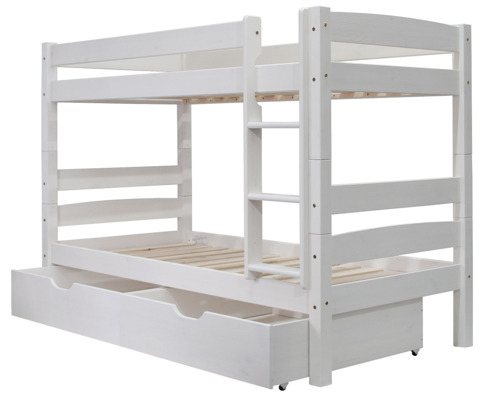 Двухъярусная кровать 90х200 Дана из массива сосны с настилом, бортиком и лесенкой, белая  #1