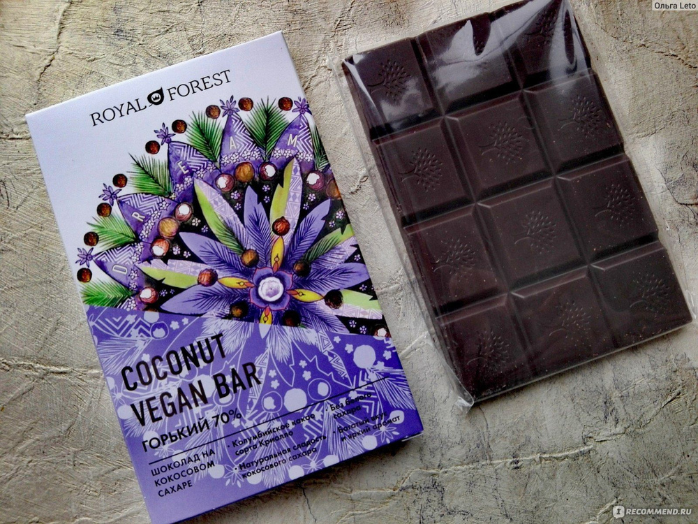 Горький шоколад с заменителем сахара 70% Royal Forest Vegan Coconut Bar, 50г  #1