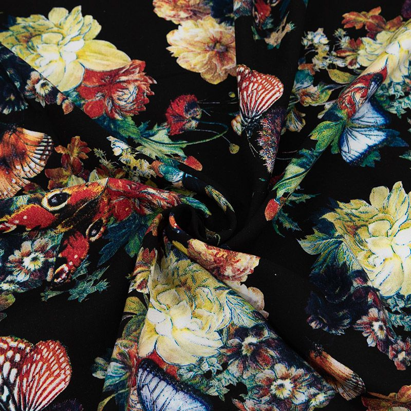 Штапель ткань для шитья, отрез 150х100 см. 100% вискоза. № Q3119-1 Бабочки и цветы на черном  #1