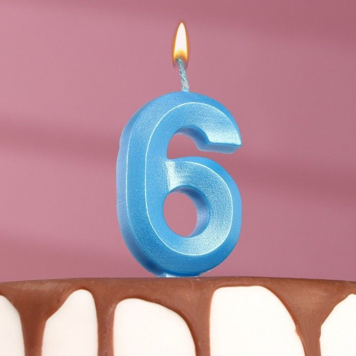 Свеча в торт "Грань", цифра "6", голубой металлик, 7.8 см #1