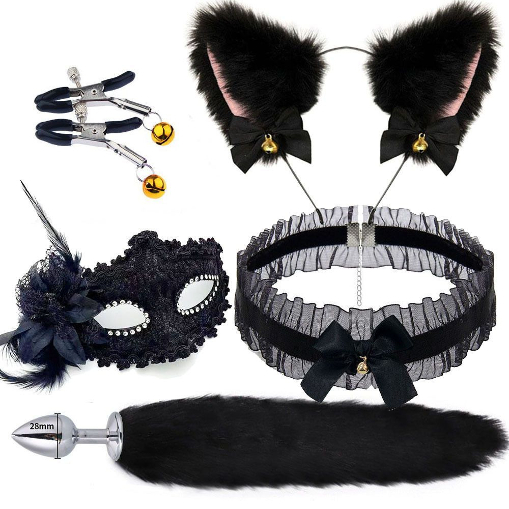 Анальная пробка, ободок с ушками аниме, карнавальная маска, чокер на шею, зажимы для сосков с колокольчиками. #1