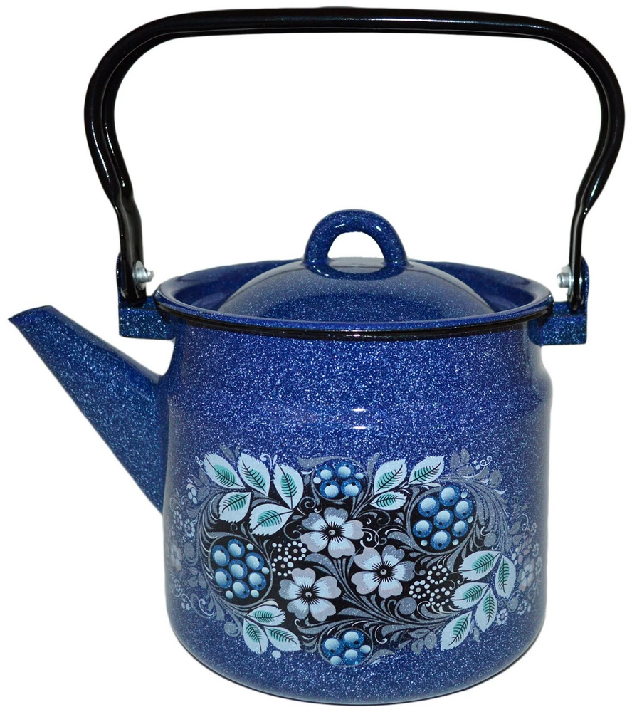 Чайник эмалированный с ручкой для плиты, газовой, индукция 2 литра, с рисунком Голубика синий  #1