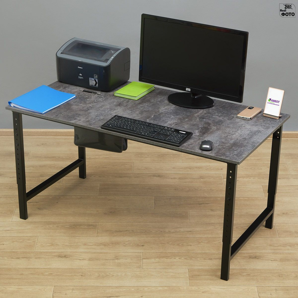 Компьютерный стол регулируемый по высоте Мадий 12ЦТ ш138/г60/в61-91 цемент темный/черный на металлокаркасе #1