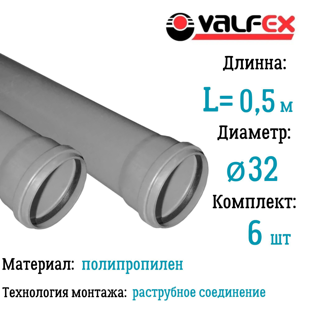 Труба BASE для внутренней канализации VALFEX Ф32 длина 0,50 м (комплект 6 шт)  #1