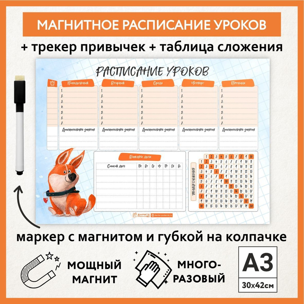 Расписание уроков магнитное А3, пиши-стирай, школьное многоразовое с таблицей сложения, маркер с магнитом, #1