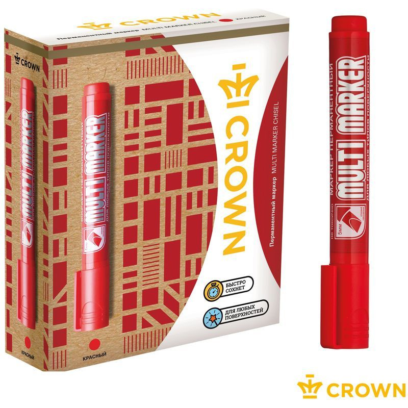 Маркер перманентный Crown "Multi Marker Chisel" красный, скошенный, 5мм, 12 шт  #1