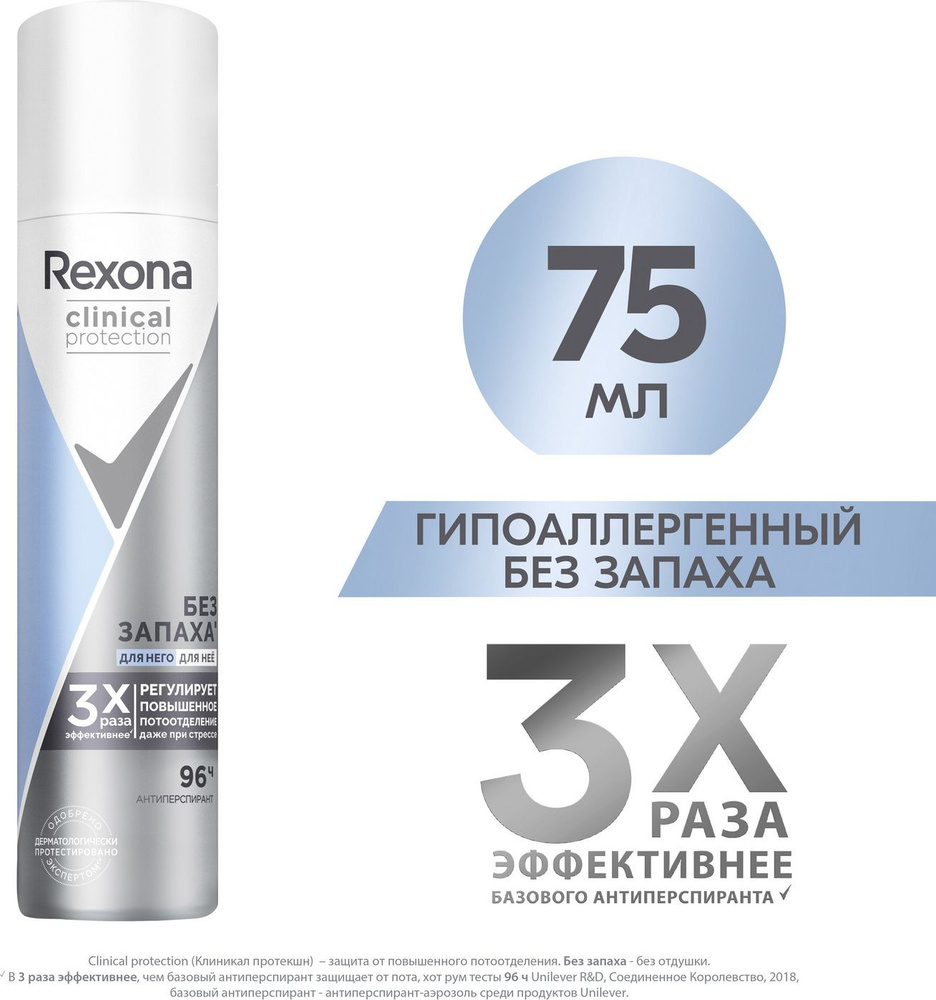 Дезодорант женский спрей антиперспирант Rexona Clinical Protection гипоаллергенный без запаха, 75 мл #1