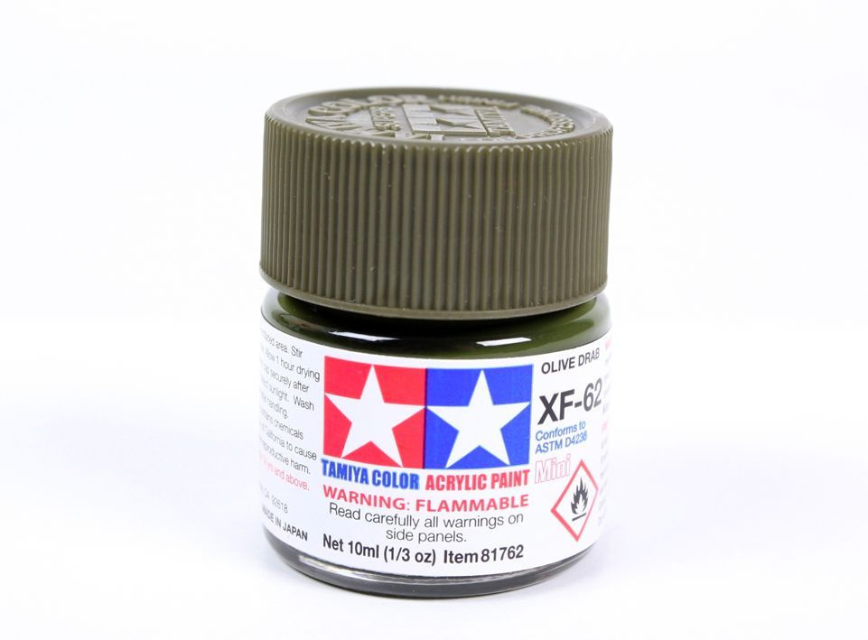 Краска акриловая XF-62 OLIVE DRAB FLAT, ACRYLIC PAINT MINI 10 ML. (Оливковый серо-коричневый матовый) #1