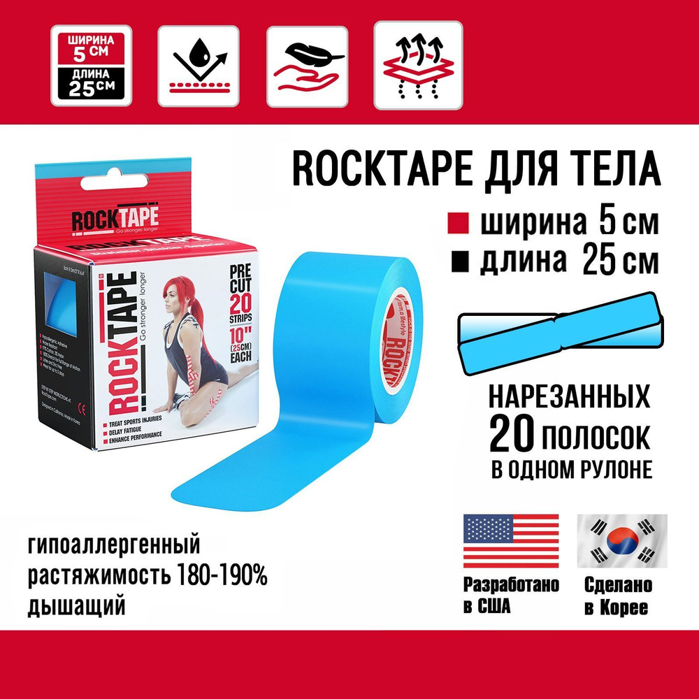 Кинезио тейп Rocktape pre-cut 5см х 25см (20 шт.), преднарезанный, голубой  #1