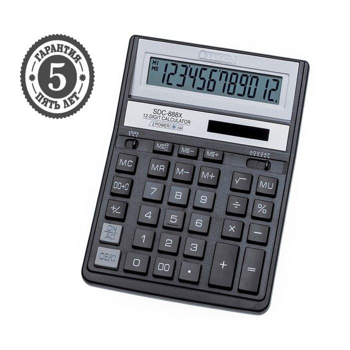 Калькулятор настольный Citizen "SDC-888XBK", 12-разрядный, 158 х 203 х 31 мм, двойное питание, чёрный #1