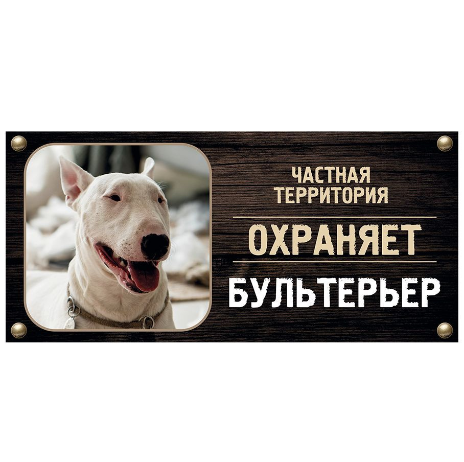 Табличка, Злая собака, Территорию охраняет Бультерьер, на металлической основе, 30см х 14 см, на забор, #1