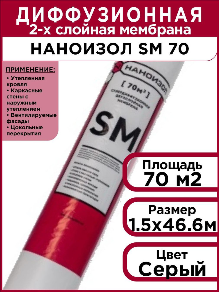 Супердиффузионная 2-х слойная мембрана Наноизол SM (1,5*46,67м) 70 м2  #1