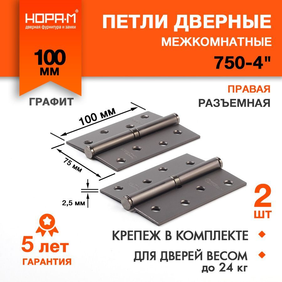 Петли дверные 2 шт. НОРА-М 750-4", разъемные, правые, 100x75x2,5, графит  #1