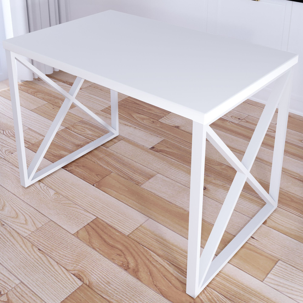 Стол кухонный Loft со столешницей белого цвета из массива сосны 40 мм и белыми металлическими крестообразными #1