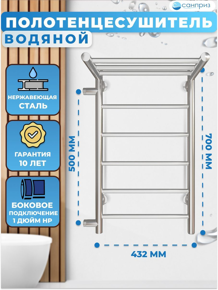 Полотенцесушитель водяной САНПРИЗ Аврора П6 с полкой 400х700 боковое подключение м/о 500 левое форма #1